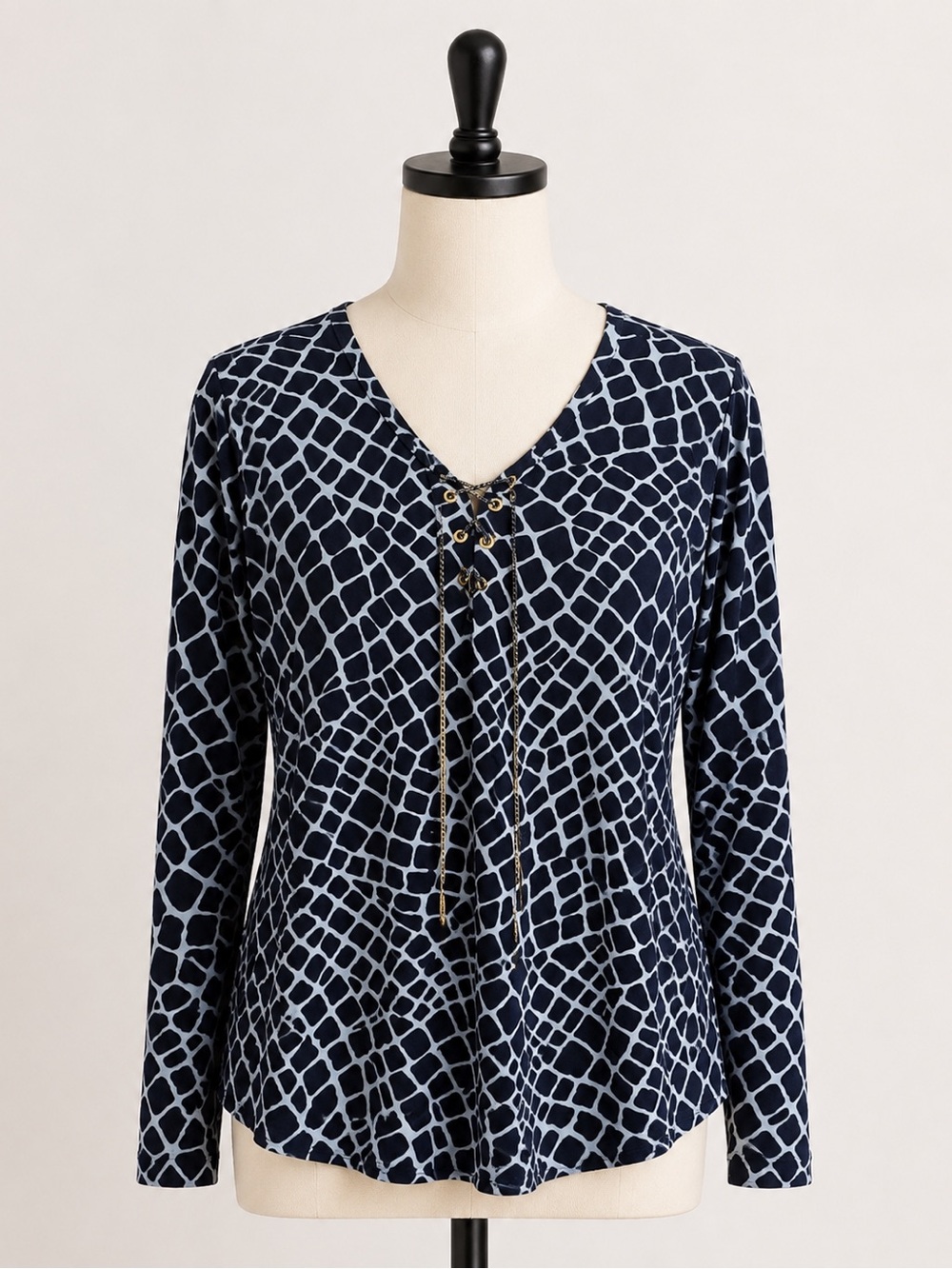 Michael Kors Women’s 2X Navy Blue Geometric Print Lace-Up Long Sleeve Top